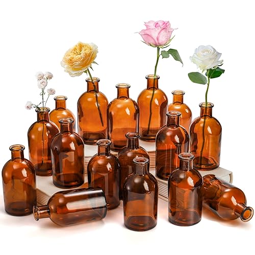 YOUEON 16 Pack Amber Glass Bud Vases, Small Bud Vases