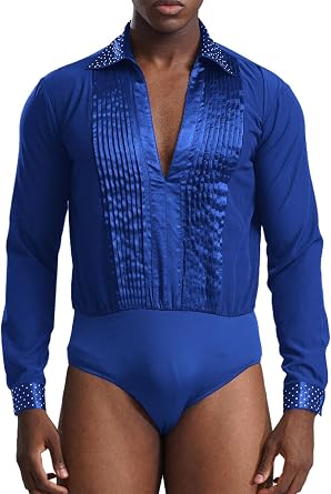 Men Shiny Dance Leotard Ballroom Latin Dance Competition Costume Long Sleeve Bodysuit Dance Shirt