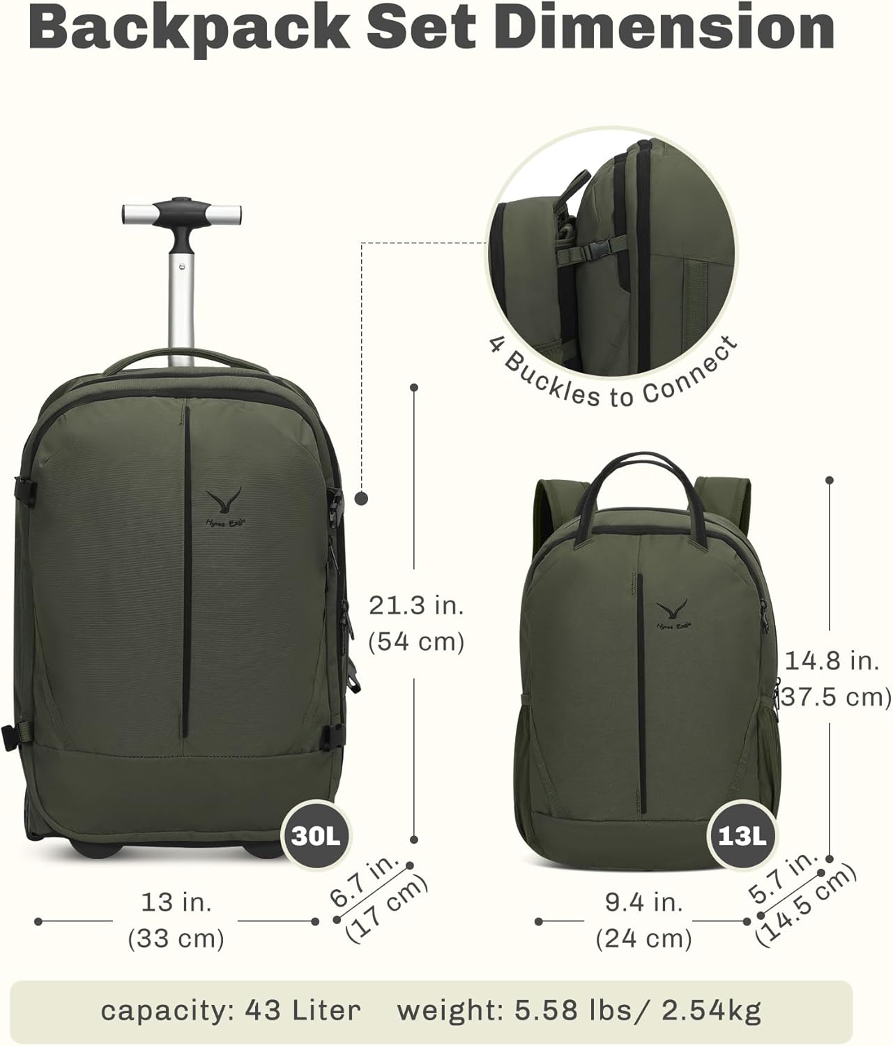 Hynes Eagle 2 in 1 Travel Backpack Set Rolling Backpack with Wheels Carry on Luggage 43L with Personal Item Bag for Men Women Army Green - Image 6