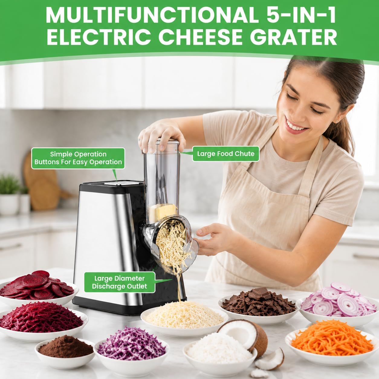 Electric Cheese Grater for Block Cheese, Salad, Pizza & Pasta