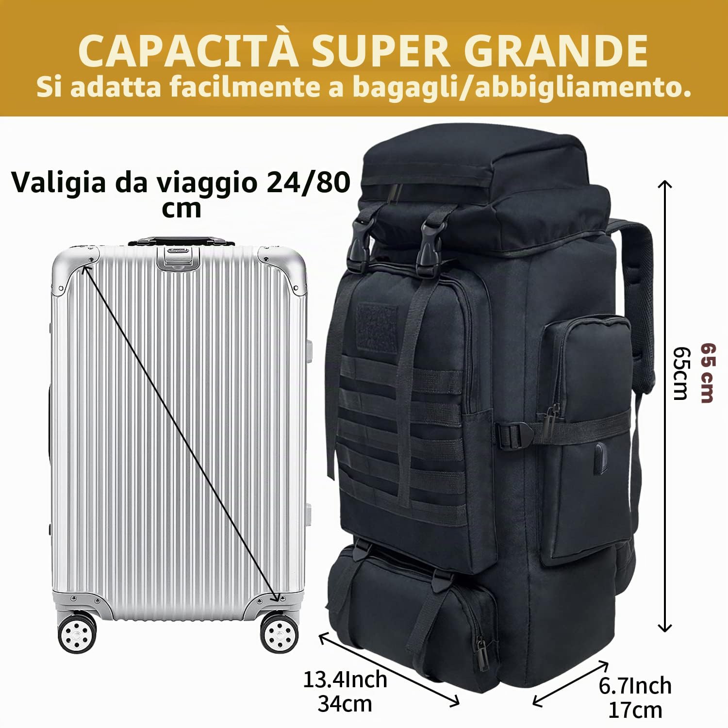 80L Zaino da trekking, Grande Campeggio tattico militare zaino, impermeabile da viaggio Daypack outdoor Molle Zaino per le donne degli uomini (Nero)
