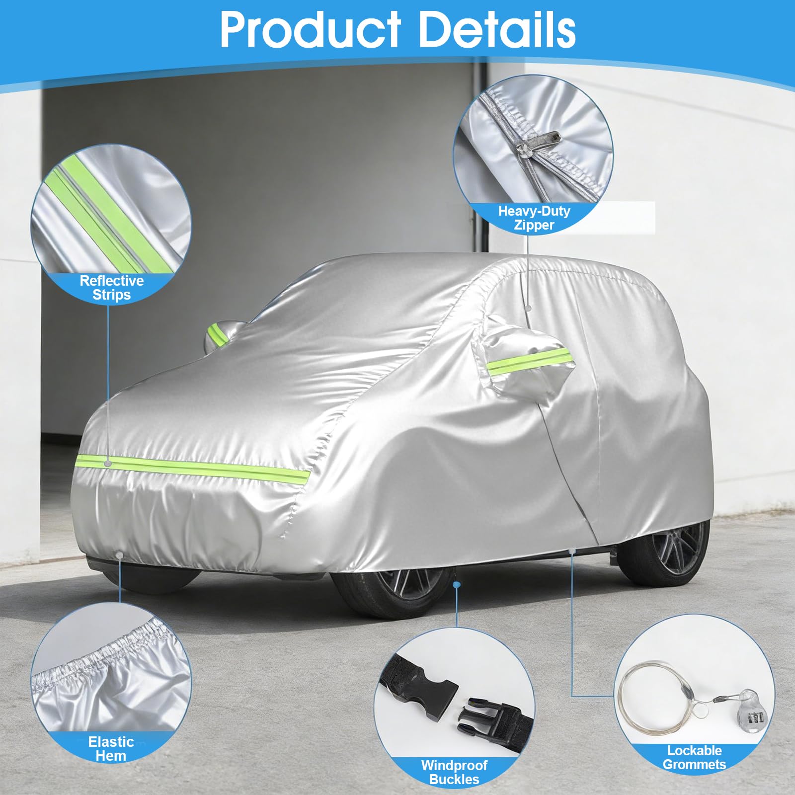 Copriauto per Smart Fortwo W451 W453 2007-2024, copertura completa per auto impermeabile per ogni tempo 210D Oxford, con cerniera laterale, fibbia, striscia riflettente, anti-neve, antivento