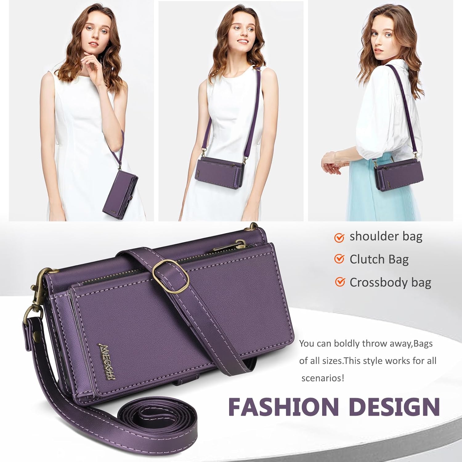 for Wallet Case Compatible with iPhone 15,Multi-Function Detachable 2 in 1 Magnetic iPhone 15 Case Wallet,Flip Strap Zipper Card Holder Phone Case with Shoulder Straps (Pruple)