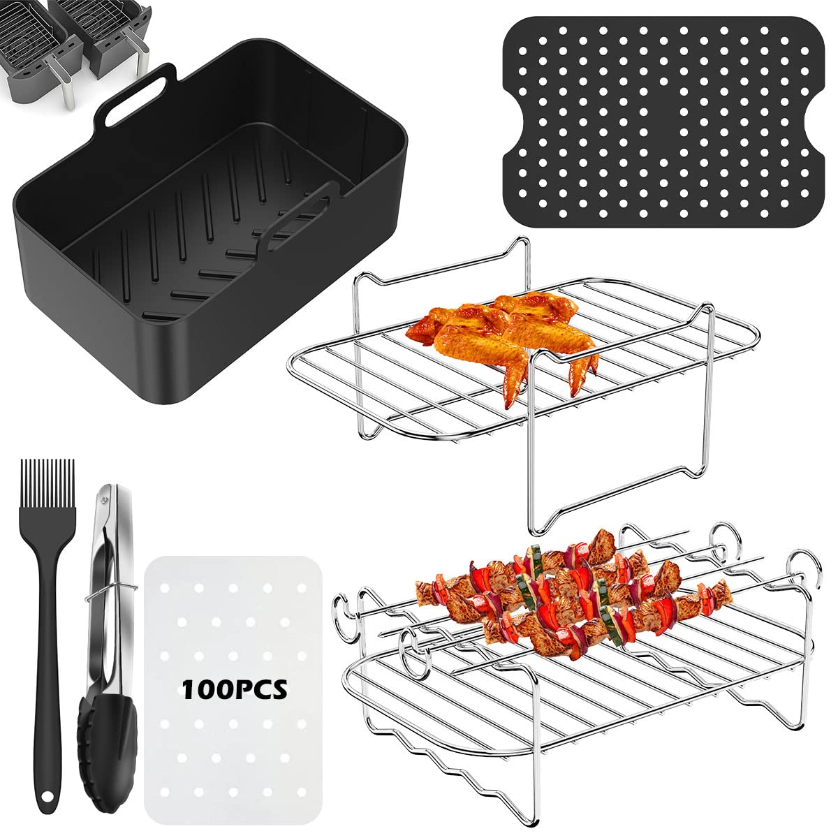 106 Pcs Air Fryer Accessories Set 304 Stainless Steel Steam Rack Set Reusable Silicone Pad and Baking Pan