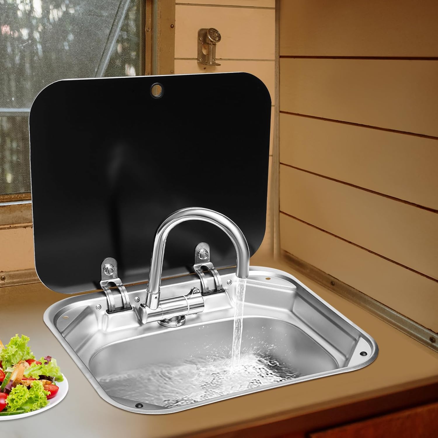 Folding RV Sink & Faucet Combo with/Lid, 304 Stainless Steel Bar Kitchen Sink, 16.14 x 14.37 x 6.3in Undermount RV Drop in Sink Single Bowl Hand Wash Basin for Caravan Camper Van Boat Home