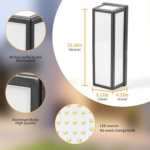 LANFU Aplique de pared cuadrado LED para exteriores, 3000 K, luz exterior para patio de casa, blanco cálido, IP64, impermeable, luces de pared para