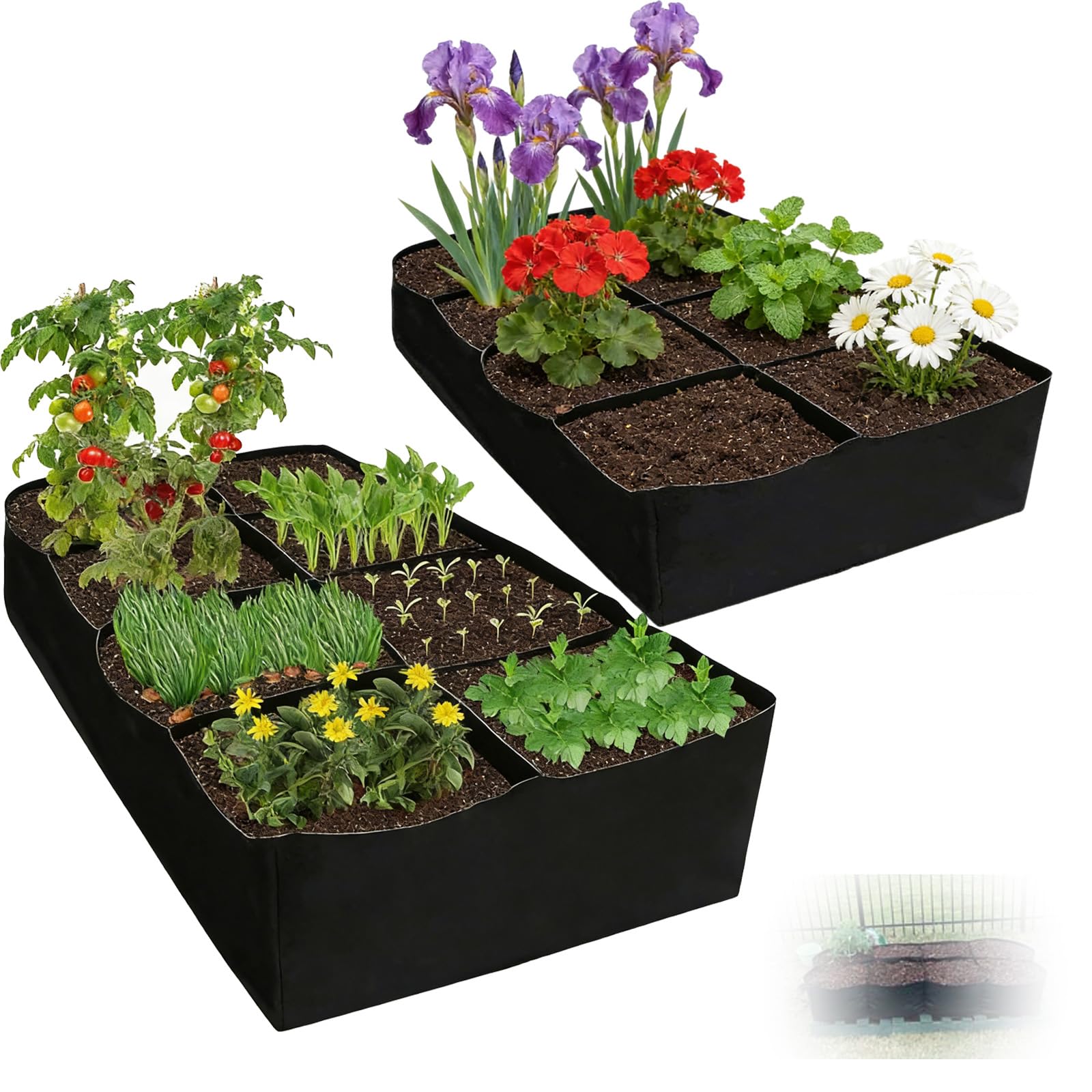 LZEXIN Large Fabric Plant Grow Bag, 2 Pack 180X90X30cm 8-Grid Nonwoven Breathable Planter for Outdoor, Thickened Breathable Root Aeration Garden Growing Bags for Vegetables Flowers Herbs