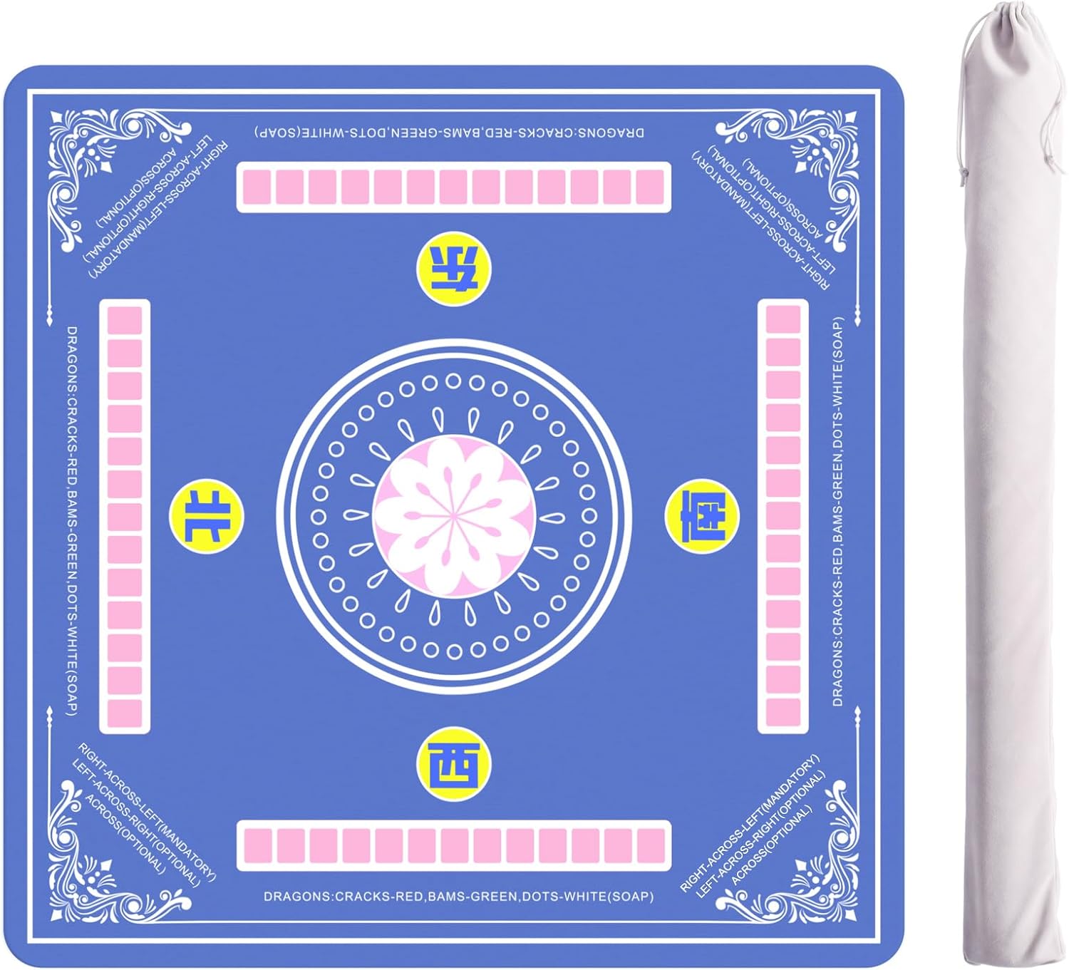 ZIIYAN Mahjong Mat for Table, 31.5''x31.5'' Neoprene Non-Slip Noise Reduction Mah Jongg Mat with Rules, Gaming Mat for Mahjong, Poker, Board Games, Card Games, Dominoes, Tile Games (Blue)