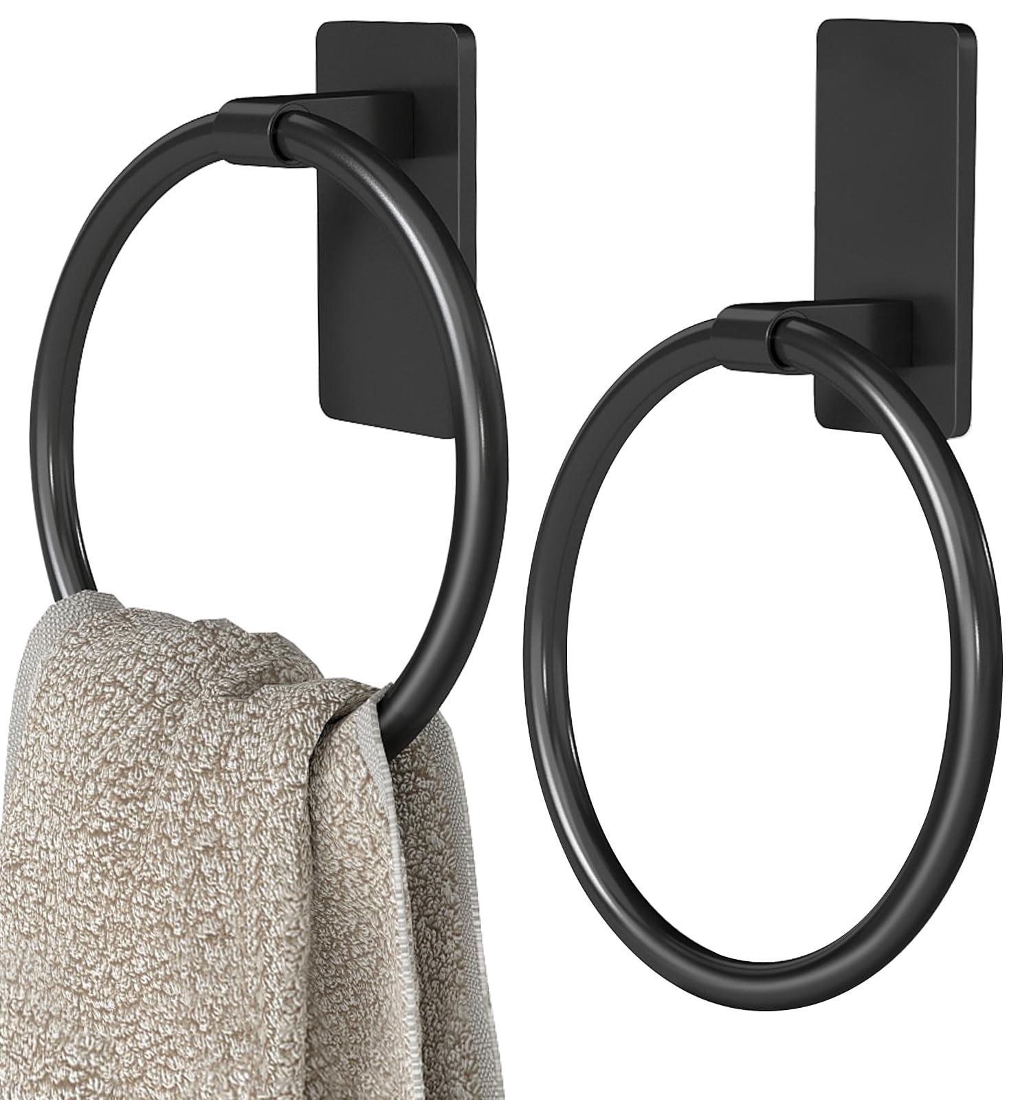 STWWO Black Hand Towel Holder for Bathroom, Adhesive Towel Rings, 2 Pack | Self Adhesive Round Towel Holder for Bath RV Kitchen, No Drill Hole