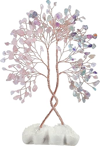 rockcloud Árbol de dinero de cristal con base de racimo de cristal de roca de doble corazón, árbol bonsái de la suerte hecho a mano para decoración