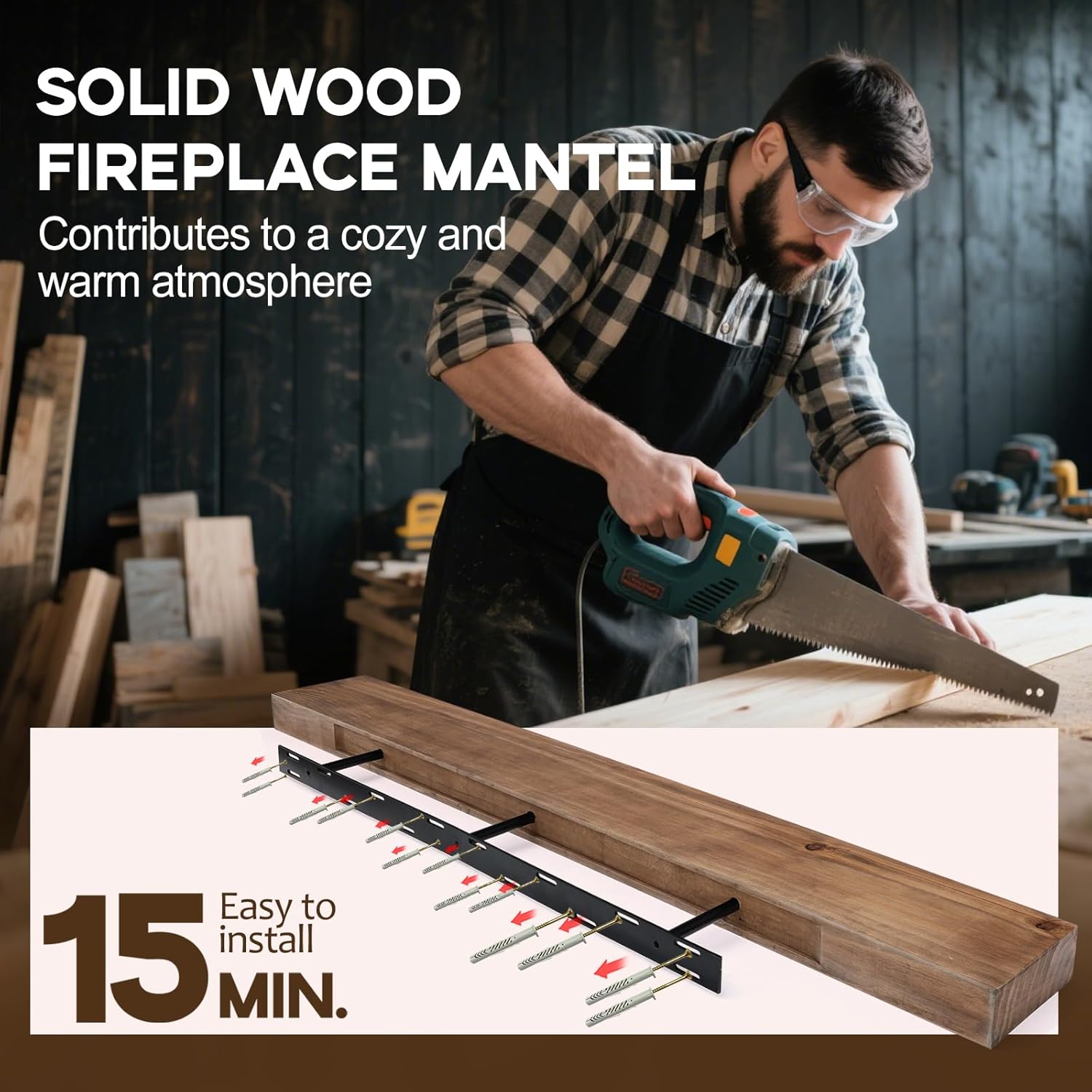 60” Solid Fireplace Mantel, Rustic Floating Wooden Shelf, Wall Mounted Mantel with Invisible Iron Bracket, Dark Oak