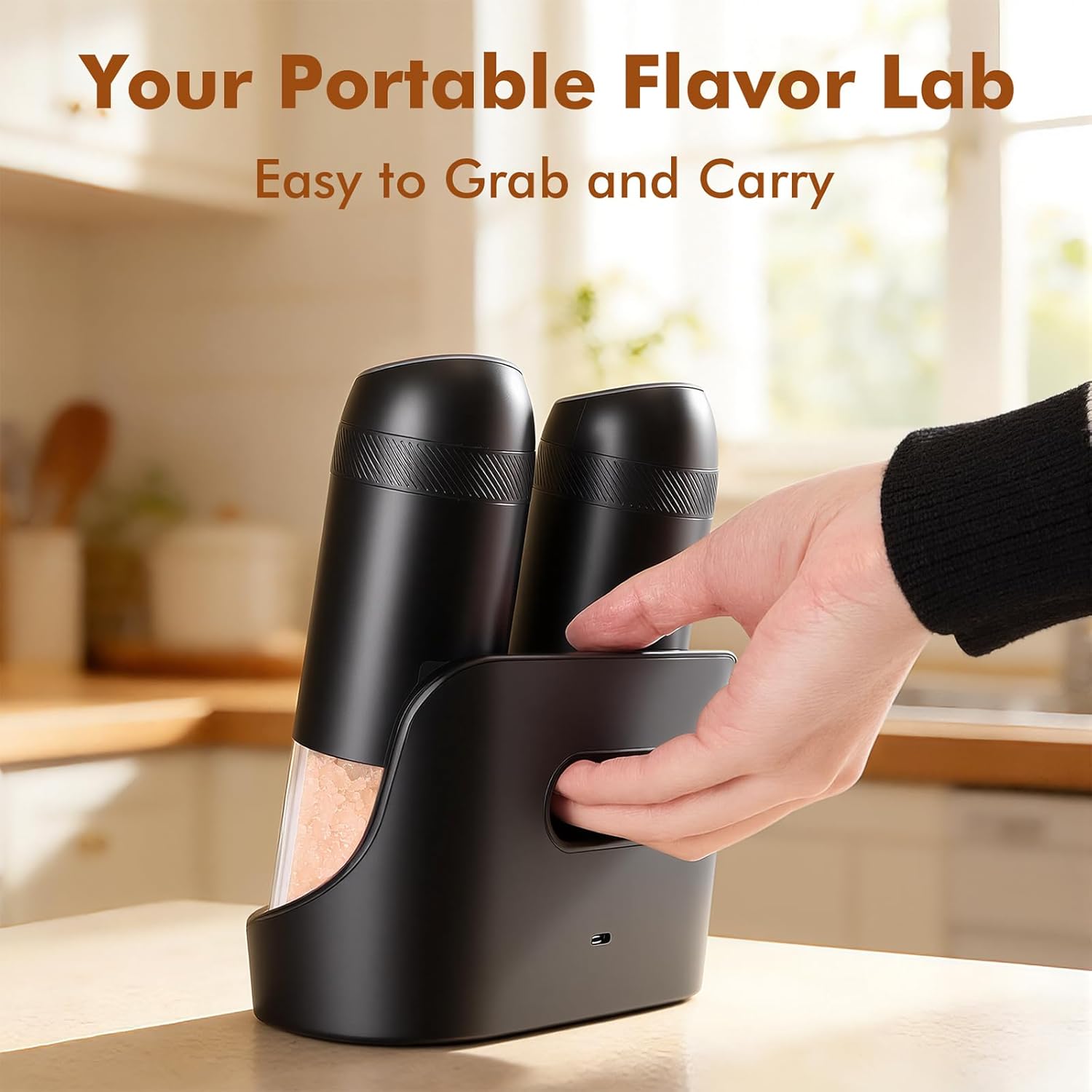 Electric Salt and Pepper Grinder Set, Automatic Gravity Sensor Grinder with Rechargeable Base, External Adjustable Coarseness (6 Levels), LED Light, Automatic Shakers for Kitchen & Outdoor