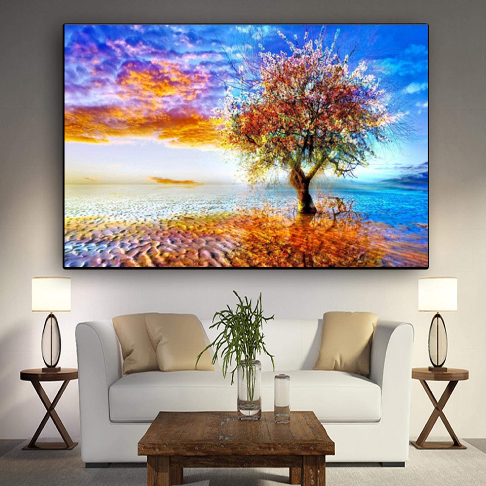 Amazon.co.jp: カラフルな土地の木抽象画アート絵画キャンバスの壁に