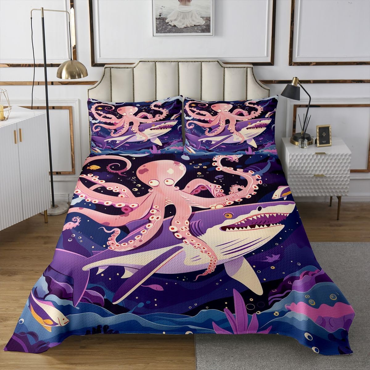 Homewish Blue Dinosaur Quilt Sets King Size,Flaming Dinosaur Bones Bedspread Coverlet 3Pcs for Woman Men Adults Room Decor,Anicent Tale Bedding QuiltsWild Animals Comforter Set,2 Pillowcases