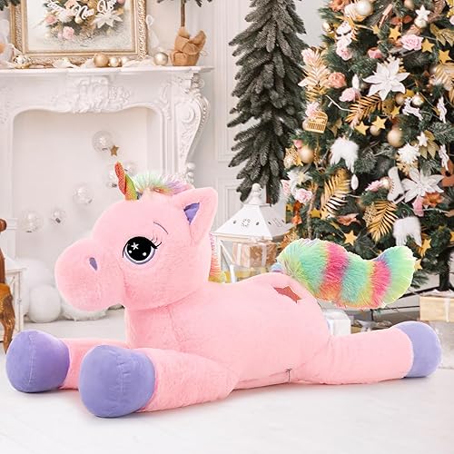 Miniatura 5 de Juguetes de unicornio gigante de 32 pulgadas, lindos animales de peluche de unicornio rosa arcoíris, decoraciones de cumpleaños de unicornio para