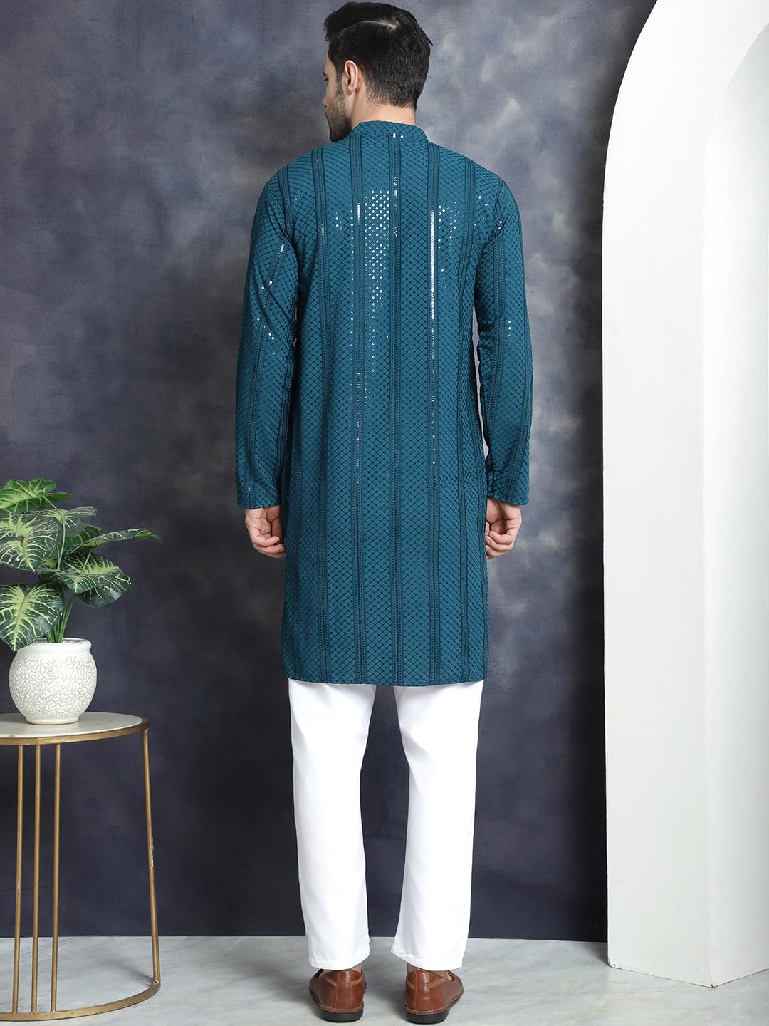Jompers Men's Peacock Sequins Chikankari Embroidered Kurta With Pyjama. (Peacock, Xl)