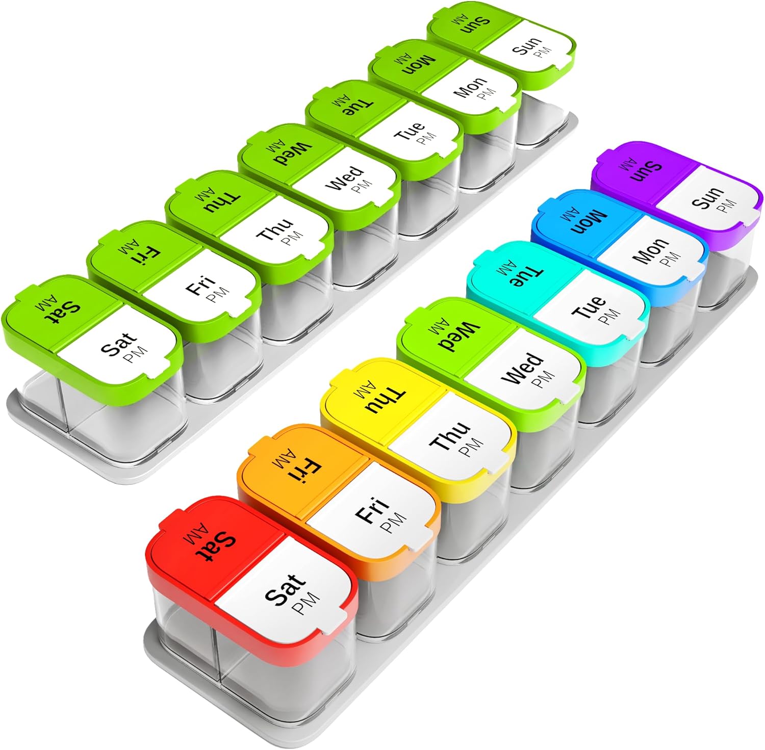 Extra Large Weekly Pill Organizer Set - 2 XL Vitamin Holders with 7 Detachable AM PM Compartments - Reliable Medicine Dispenser for Home and Travel, Big Supplement Container, Rainbow & Green/White