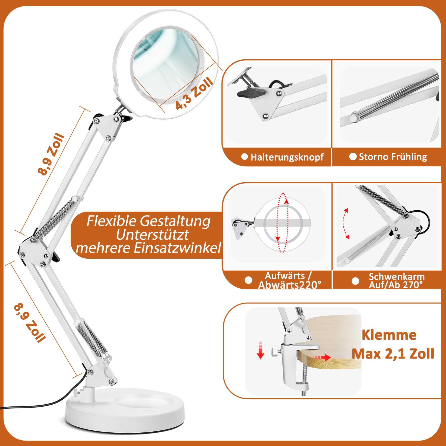 Veemagni 12X Lupa con luz, 5 Modos de Color, Regulable sin Niveles, lámpara de Escritorio 2 en 1 y Abrazadera, Lupa iluminada LED con luz y Soporte, Manos Libres para Manualidades, aficiones, Pintura