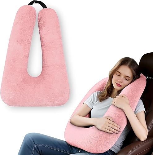Almohada de coche para niños - Almohada de viaje cómoda para el coche - Cojín de apoyo de algodón suave para niños y adultos en viajes largos (rosa)