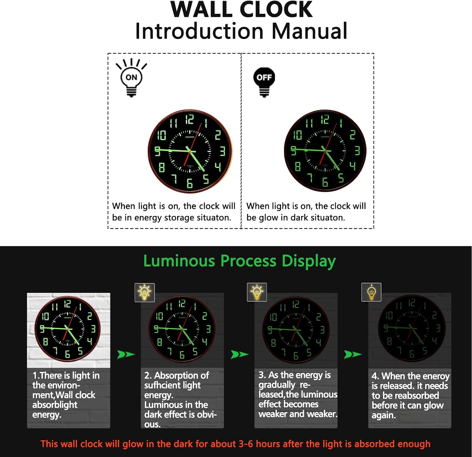 Glow in the Dark Thin Wall Clock，12 Inch Silent Non-Ticking Vintage Battery Operated Quartz Retro Analog Easy to Read Clocks for Home & Office Decor Living Room Bedroom