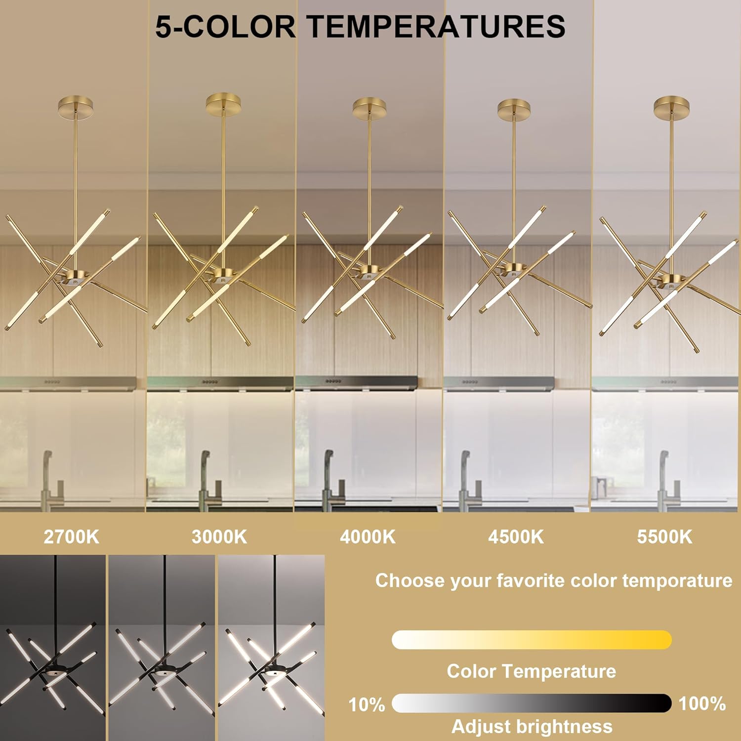 BONLICHT Brushed Brass Sputnik Chandelier 12 Light Gold Mid Century Modern Light Fixture Over Table, 5 Color Dimmable Linear LED Chandeliers for Dining Room, Kitchen Flush Mount Pendant Ceiling Lamp