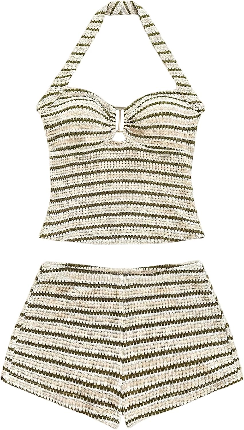 SOLY HUX Women's 2 Piece Summer Outfits Striped Halter Crop Tops and Mini Shorts Matching Set