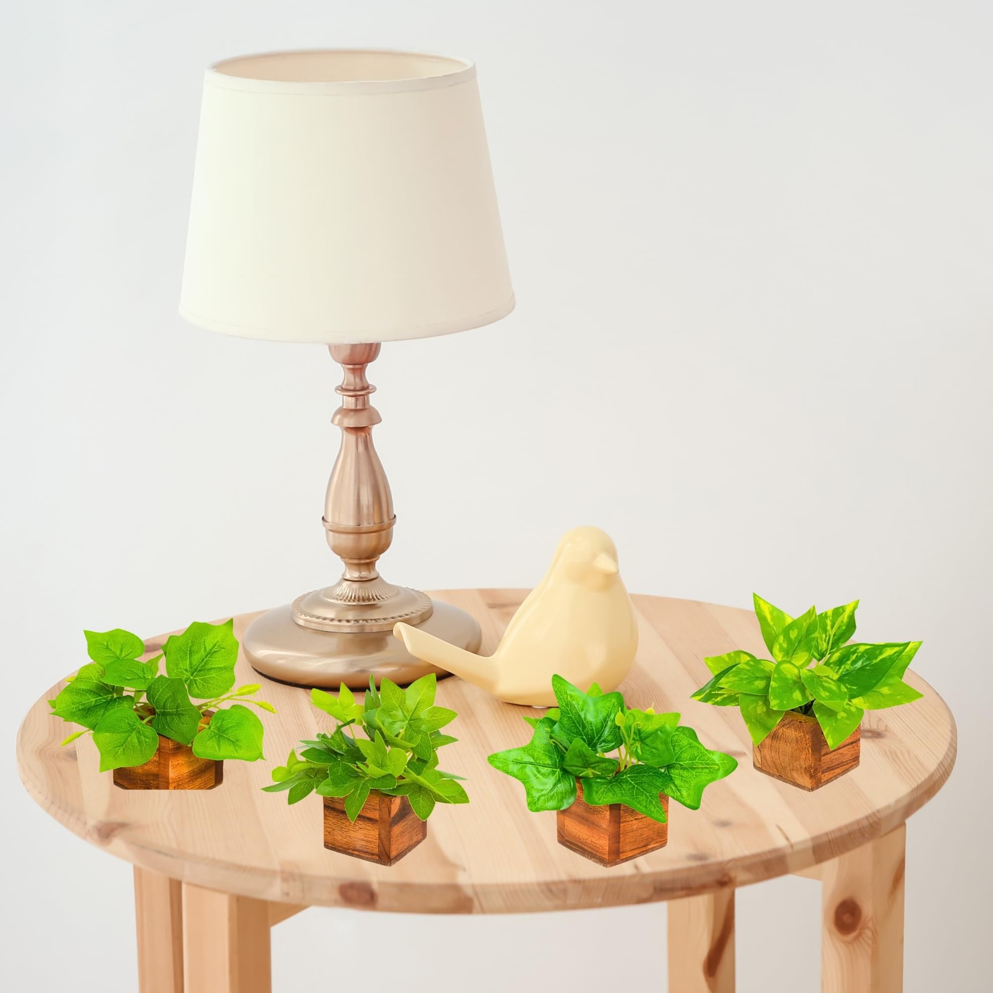 fancymart Artificial Leaves Plant in Small Wood Pot - 12cm Height - Pack of 4 - Home & Office Decor Elegant Potted Plant for Tabletop/Shelves Enhancement 4
