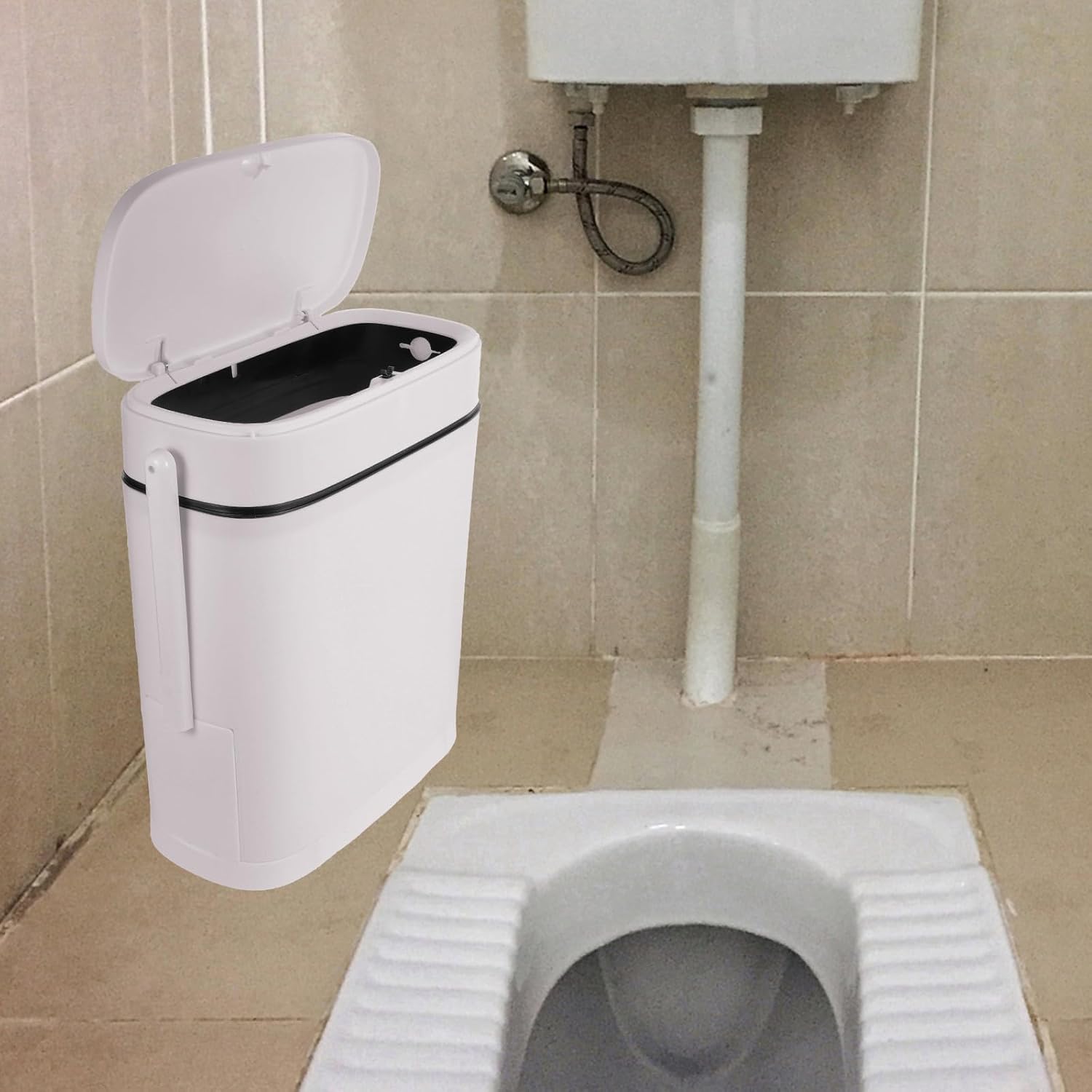Toilet Brush Storage Holder and Rectangular Trash Can with Lid, Compact White Garbage Container for Bathroom Narrow Spaces, Multipurpose Wastebin for Home Hygiene Organization