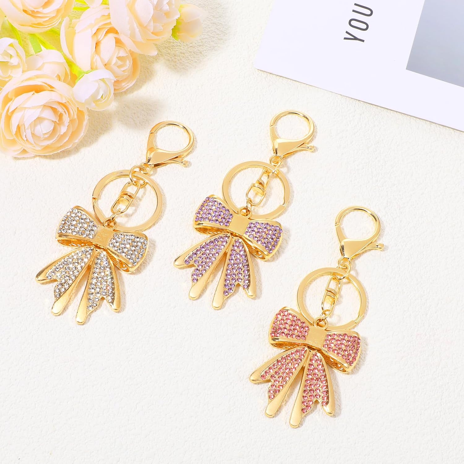 3 PCS Sparkly Gold Plated Rhinestone Bow Keychain, Gold Bow Bag Charm, Cute Bag Charms for Handbags, Purse Handbag Charms for Backpack (Pink, White, Purple) - Image 7
