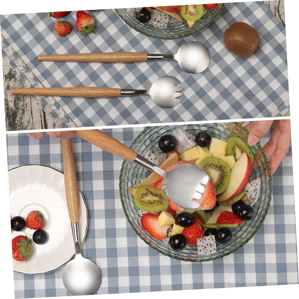 Dinner Forks, 2pcs Set Dinner Forks Wood Handle Salad Servers Salad Serving Utensils Spoon Cooking Utensils for Kitchen Tableware Bamboo Stainless Steel