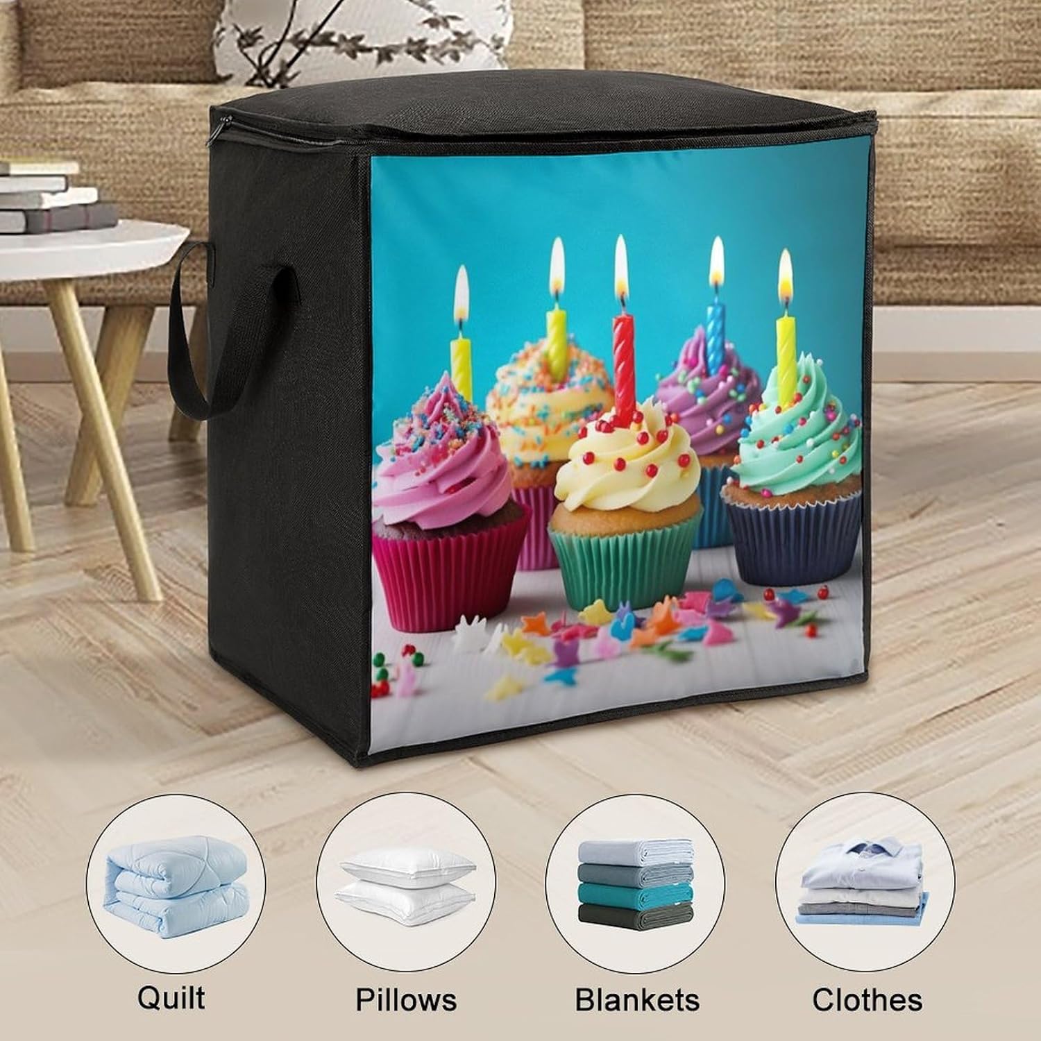 Quilt Storage Bag,Colorful Happy Birthday Cupcakes Printed Large Foldable Storage Container Portable Travel Storage Bag for Blankets, Quilts, Clothes, Comforter, Bedding And Pillows