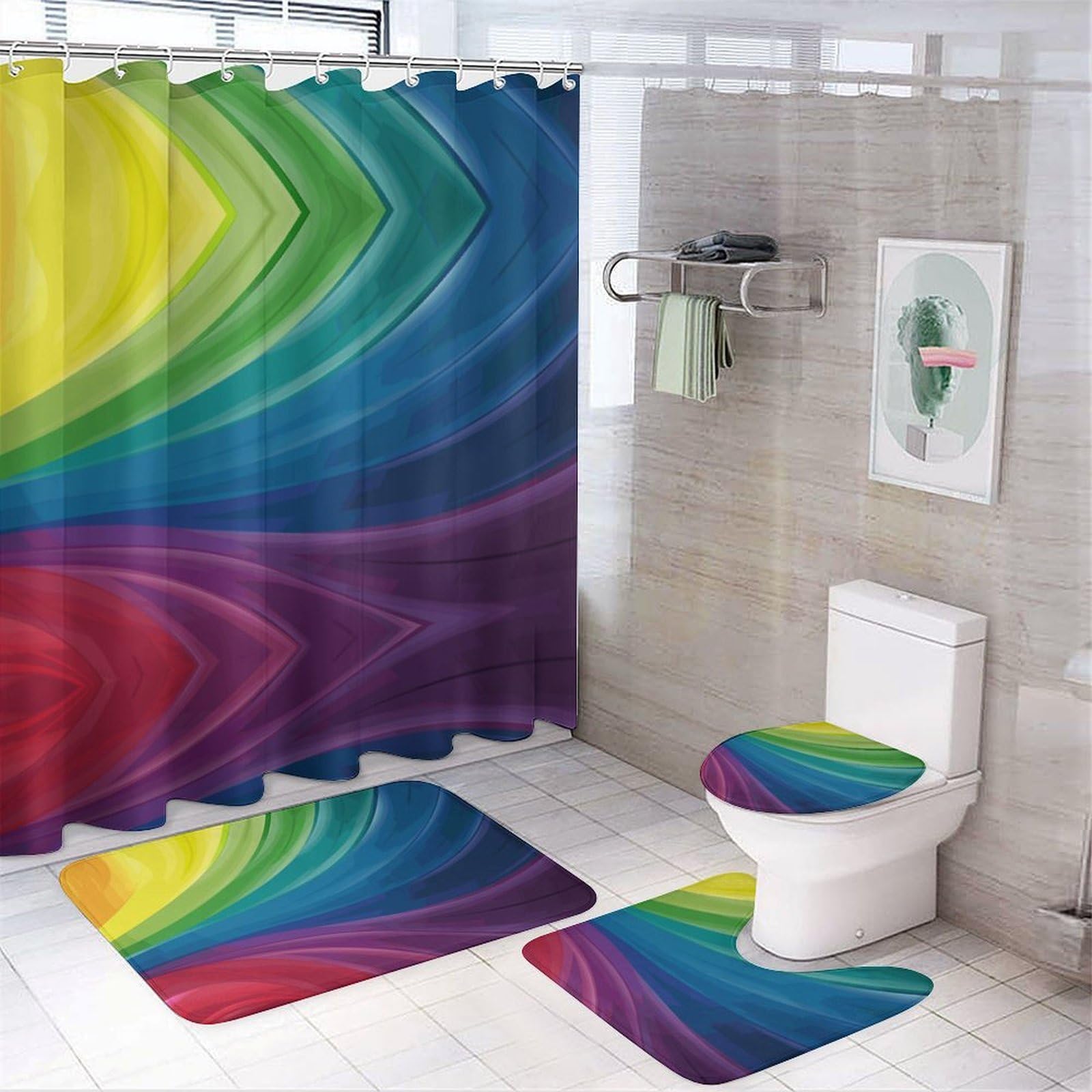 JZemdybill Bathroom Mat Set 4 Piece, Colourful Rainbow Shower Curtain with Non-Slip Bath Mats for Bathroom