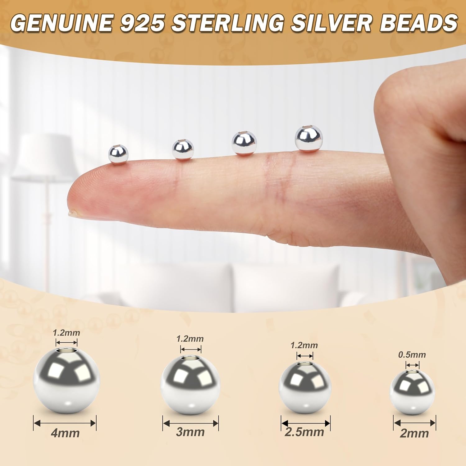 50PCS 2/2.5/3/4mm 925 Sterling Silver Beads for Jewelry Making Small Round Non Tarnish Sterling Silver Spacer Beads with Hole for Bracelets Necklace Earrings Charms and DIY Crafts