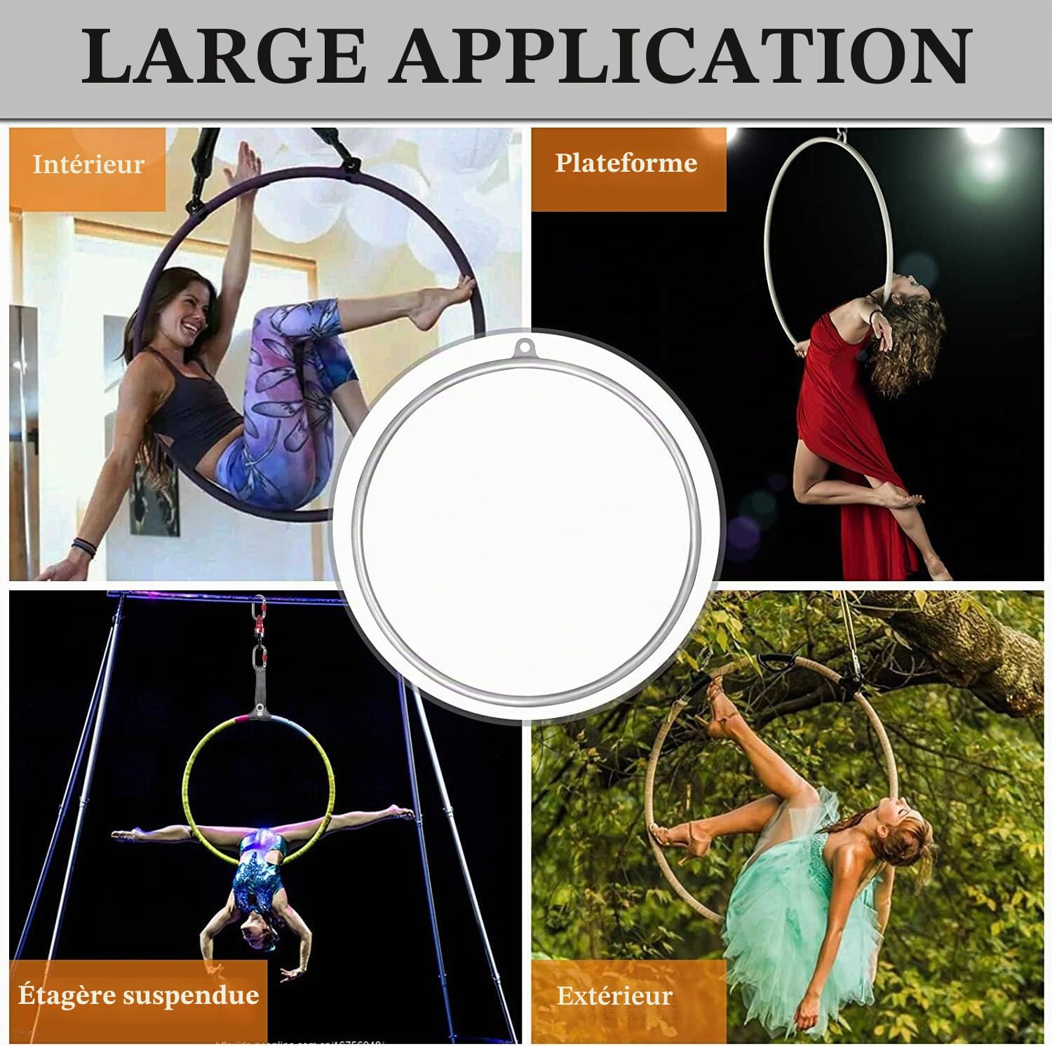 DASKING Cerceau aérien de 85 cm/90 cm, entièrement testé, 226,8 kg, équipement aérien de Cirque à Point Unique, Cerceau de Yoga avec Accessoires et Sac de Rangement