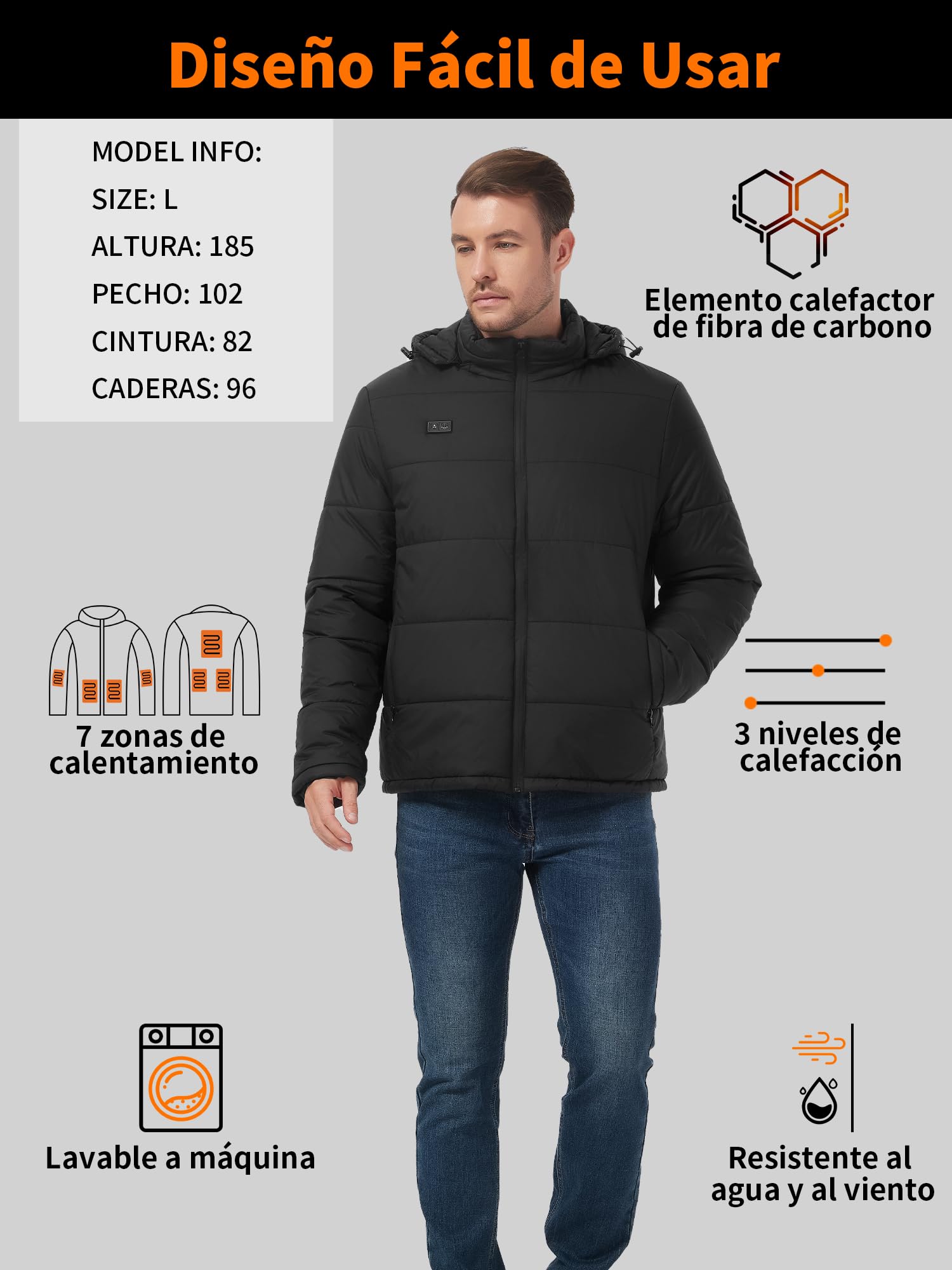 Chaqueta Calefactable 7.4V 16000mAh 7 Zonas de Calor Hombre Mujer con Capucha
