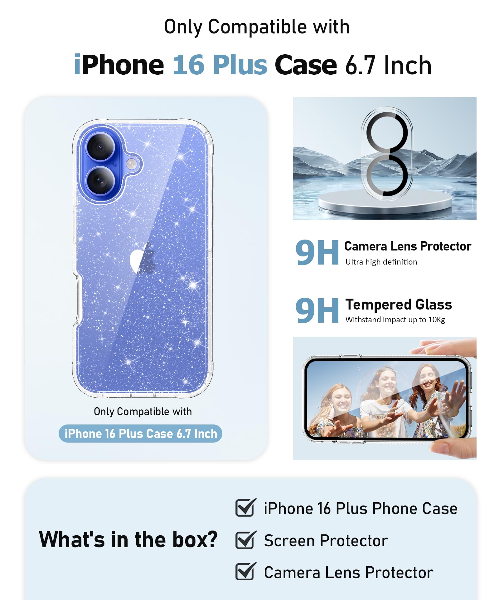 MIODIK Funda transparente con purpurina para iPhone 16 Plus, protector de pantalla + protector de lente de cámara, no amarillea, a prueba de golpes, funda protectora para iPhone 16Plus de 6.7