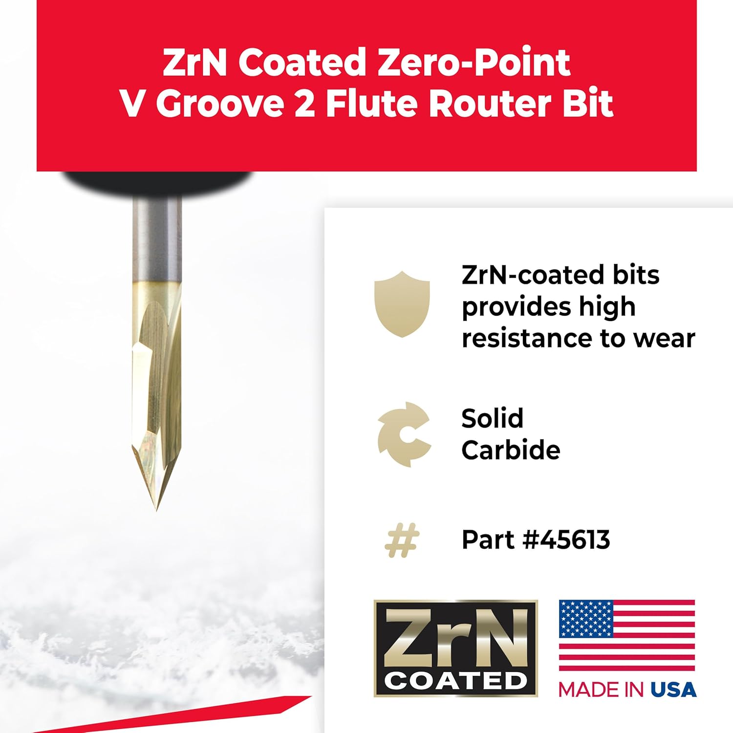 Amana Tool CNC Solid Carbide Zero-Point V-Groove and Engraving Router Bit, ZrN Coated, 45613, 45 Degree, 1/4 Dia x 3/4 CH x 1/4 Inch Shank