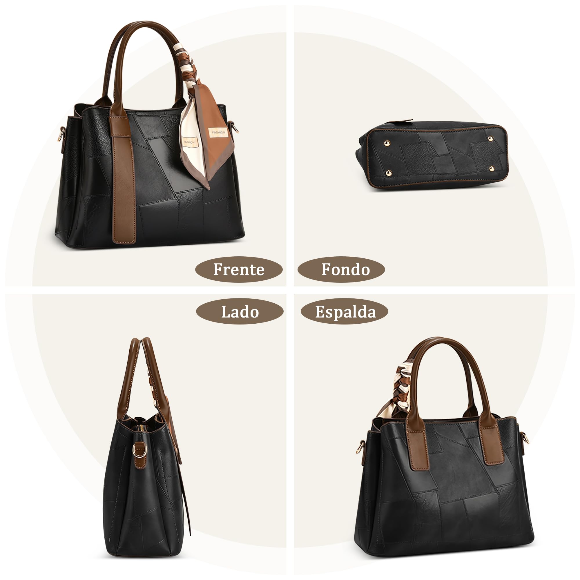 Bolso Mujer Bolsa de Mano Textura de Costura de Moda Bolso de Hombro con Asa Superior Cuero PU Señora Bolso Bandolera para Compras Viajar Trabajar Negro