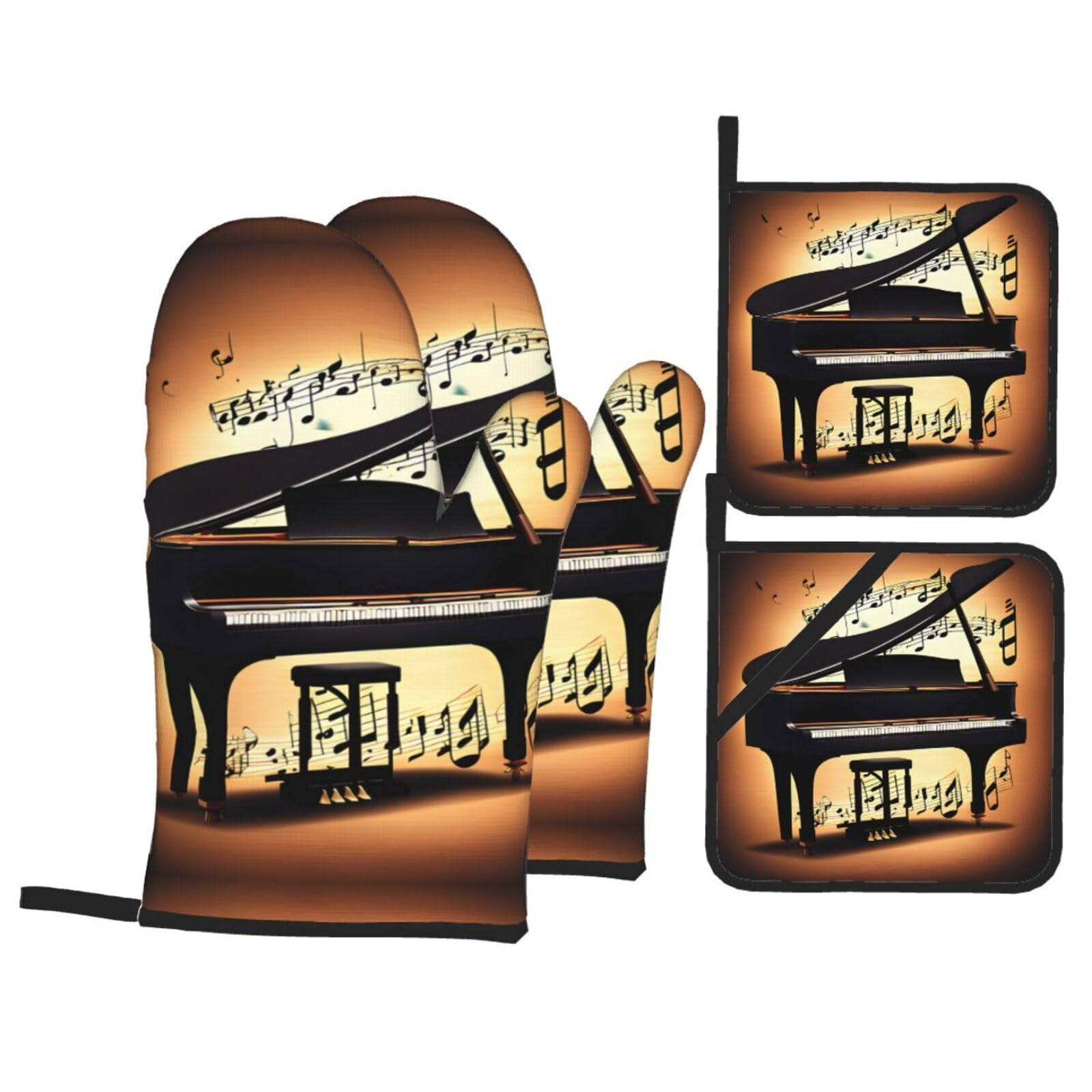 Piano Violin and Music Notes Print Oven Microwaving Waterproof Kitchen Gloves for Baking Grilling Holiday Cooking