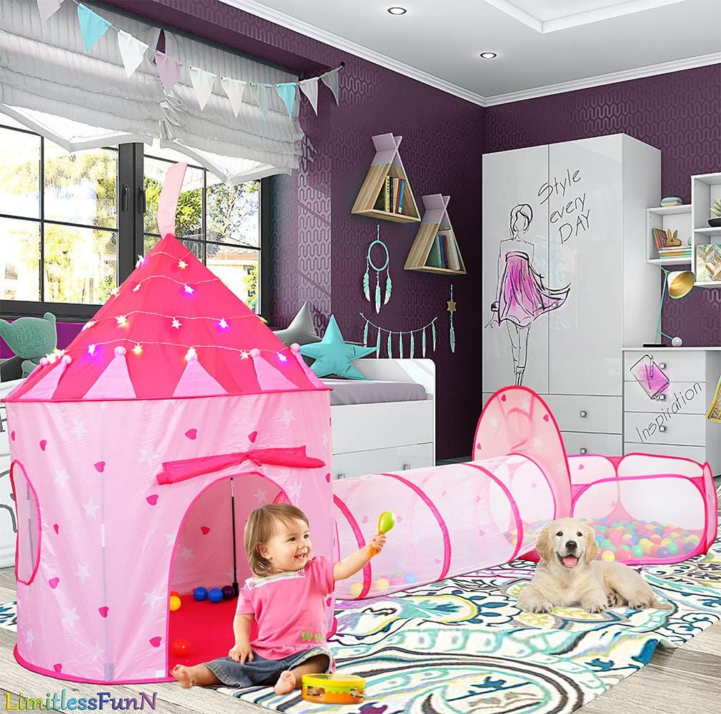 LimitlessFunN 4pc Princess Kids Pop Up Play Tent, Crawl Tunnel, Ball Pit | Includes Star Lights & Carrying Case |, Children Indoor Castle Playhouse for Girls, Toddlers, 47" D x 126" W x 53" H