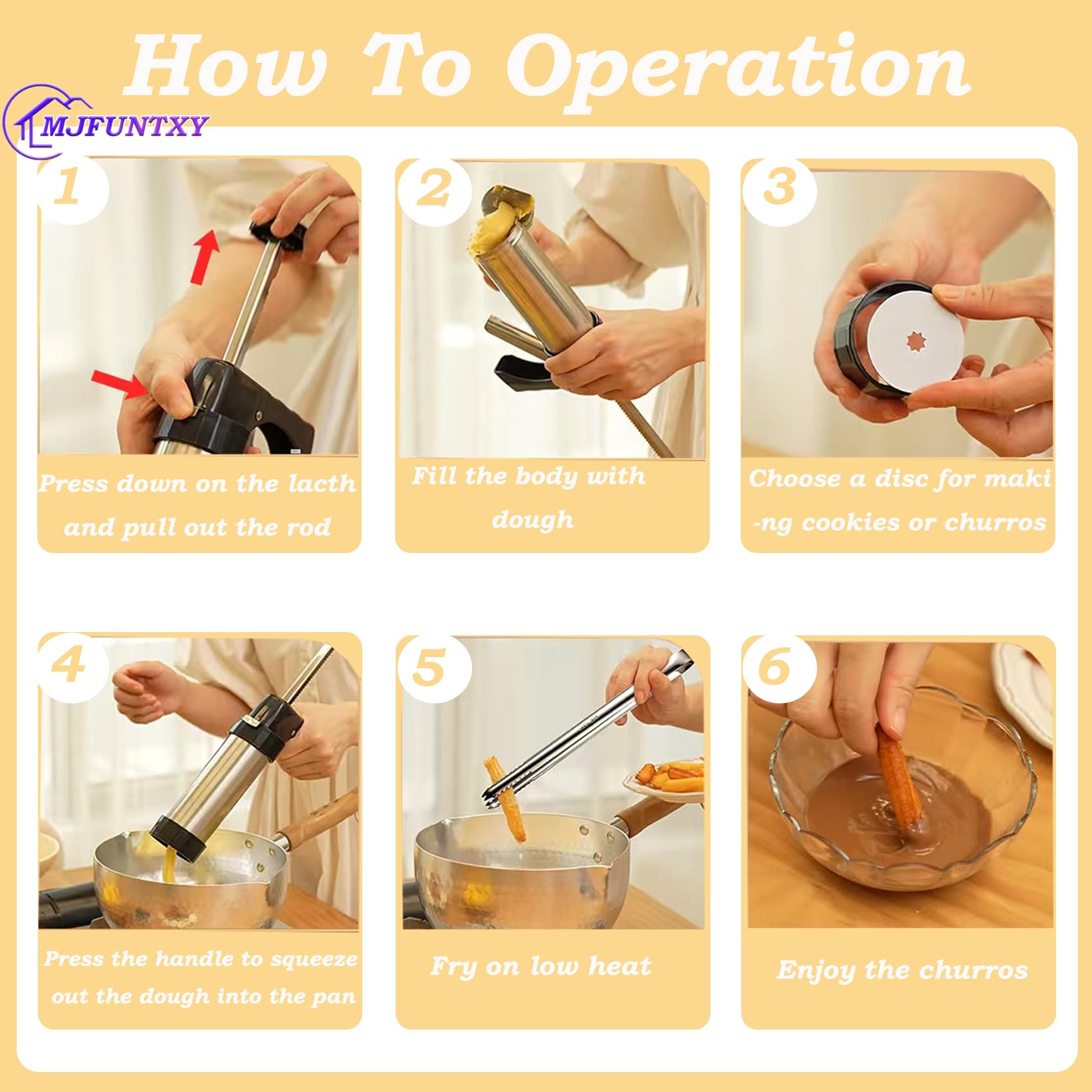 Kit de machine à churro – Pistolet à churro en acier inoxydable avec 8 douilles à douille, 16 disques, 1 brosse et poche à douille, presse à biscuits multifonction pour churros, beignets et