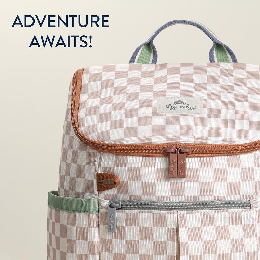 Itzy Ritzy Toddler & Kids Backpack - Lightweight Preschool & Elementary School Bag with Padded Straps, Trolley Sleeve, 2 Side Pockets, Tablet Sleeve & Name Label (Checkerboard)