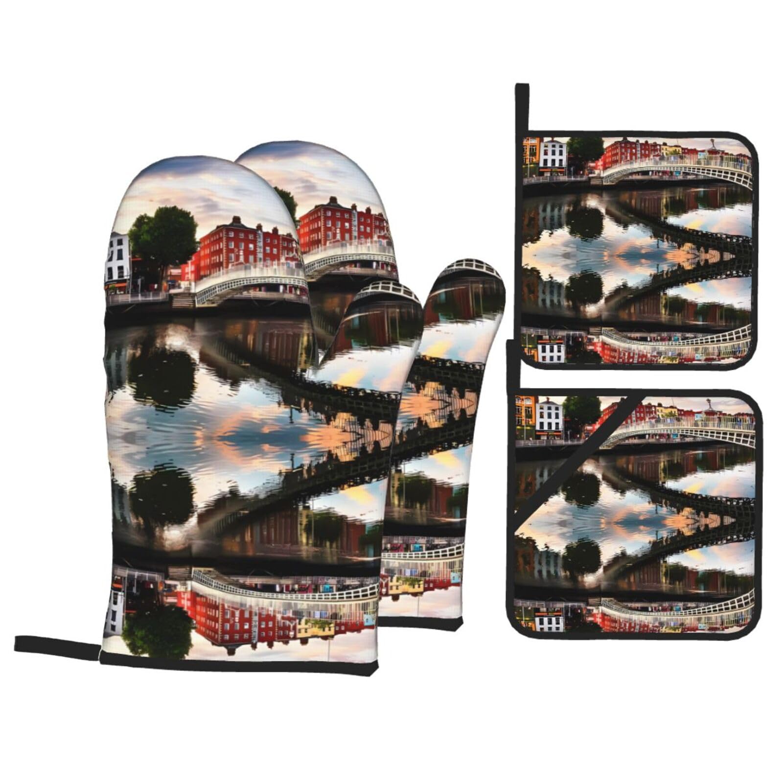 HJFCZH Bridge Sunset River Landscape Prints Kitchen Throw Set: Durable Oven Layers with Waterproof Polyester – 4 Piece Heat Protection System