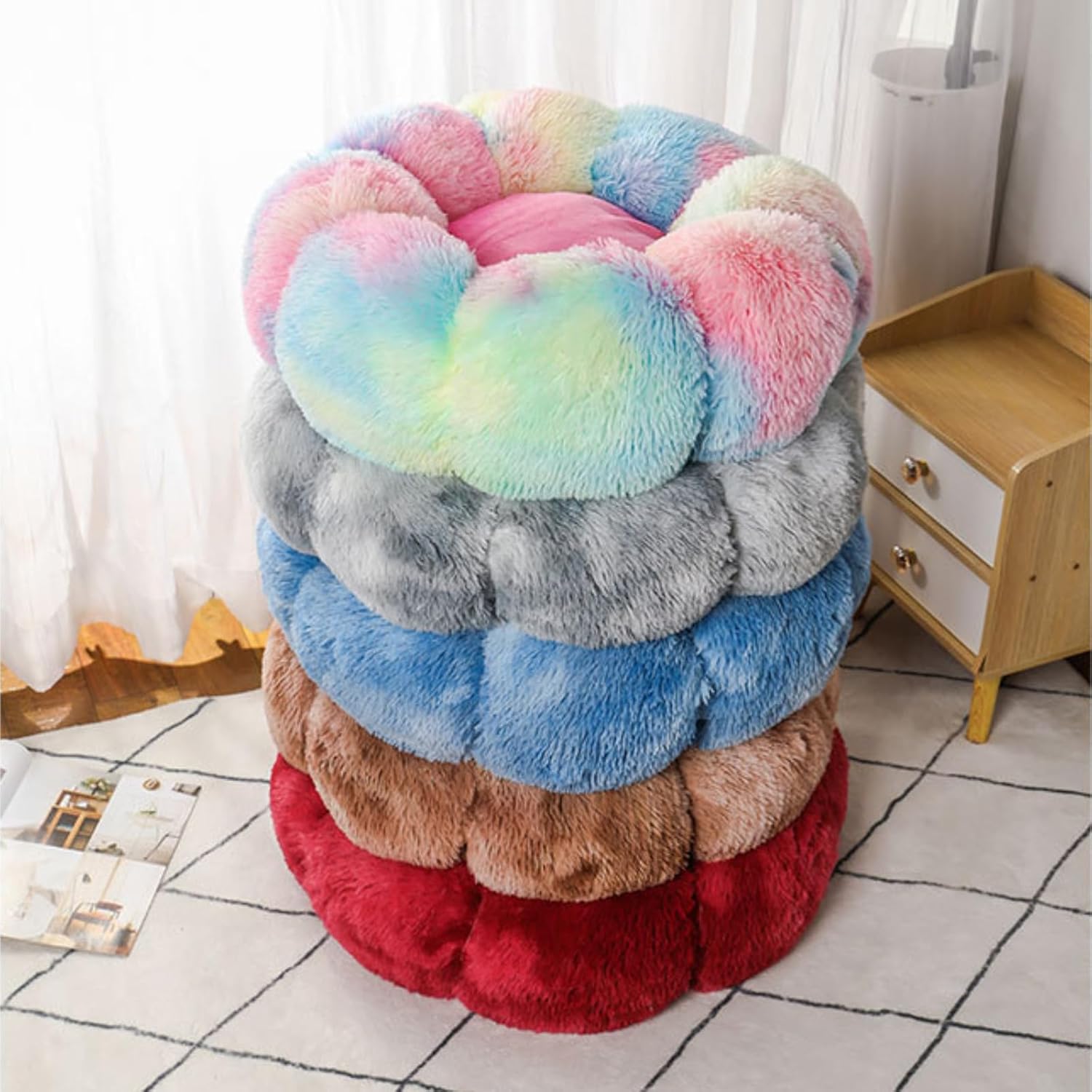 Cute Flower Plush Cat Bed Tie-Dye Rainbow Kawaii Pet House Colorful Soft Warm Anti-Anxiety (Large 32 x 32 inch, Red)