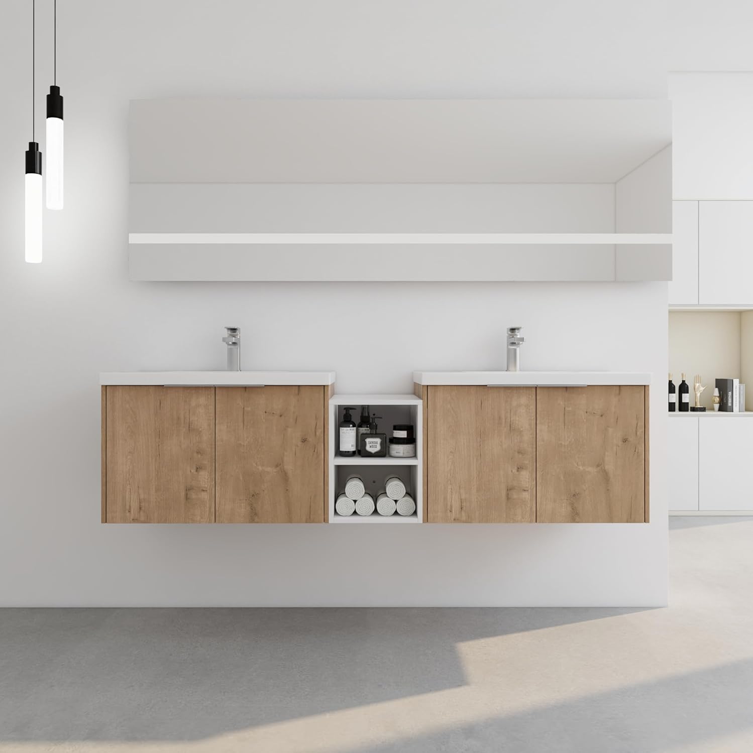 72 Inch Bathroom Vanity Combo with 2 Sinks, Soft Close Doors, Imitative Oak Modern Storage Cabinet and Shelves