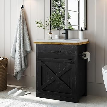24 Inch Bathroom Vanity with Sink, Drawer and Barn Door Cabinet, Black