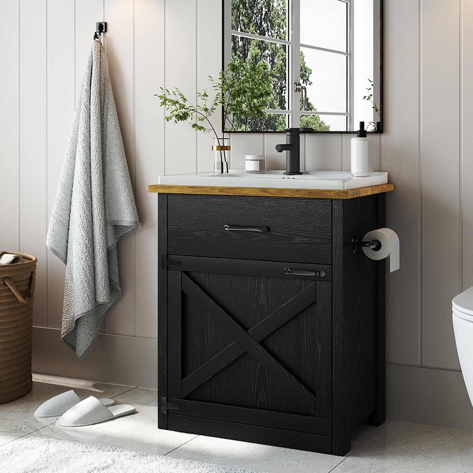 24 Inch Bathroom Vanity with Sink, Drawer and Barn Door Cabinet, Black (4ever2buy)