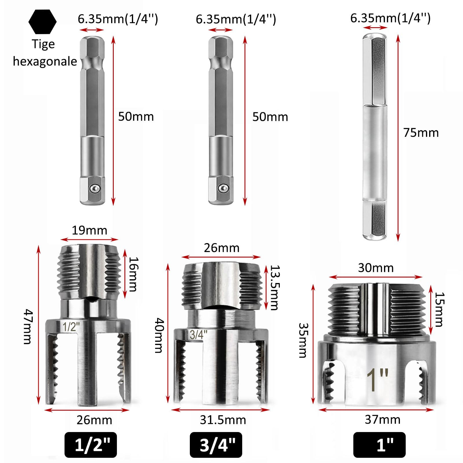 Set di 3 filettatrici in PVC 1/2" 3/4" 1" NPT trapano filettato doppia funzione