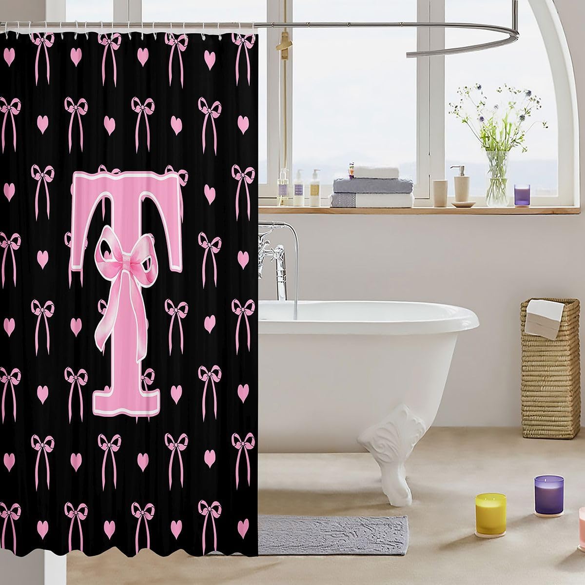 Feelyou Bow Shower Curtain for Bathroom Decor Black Pink Bow Bath Curtain for Stalls Bathtubs Bowknot Bathroom Accessories Kawaii Waterproof Polyester Fabric with 12 Hooks 72"x72" image 3