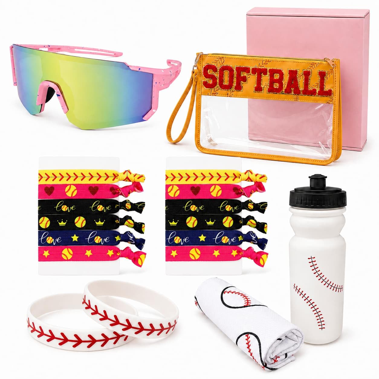 Set di accessori per softball, da uomo e da donna | Con occhiali da sole UV, custodia trasparente, elastici per capelli, fasce per capelli, bottiglia a tenuta stagna da 600 ml e